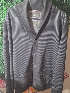 Express Men's Charcoal Gray Striped Shawl Collar Cardigan